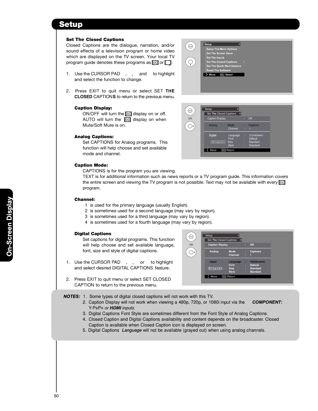 Hitachi P42T501 Set The Closed Captions, Caption Display, Analog Captions, Caption Mode, Channel, Digital Captions 