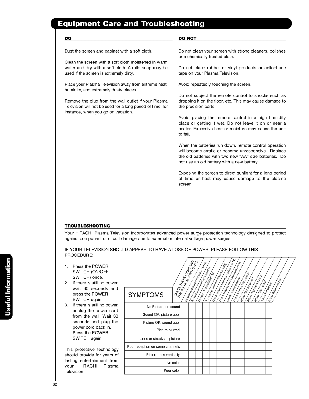 Hitachi P42T501, P55T551, P50T501A important safety instructions Equipment Care and Troubleshooting, Do not, Switch ON/OFF 