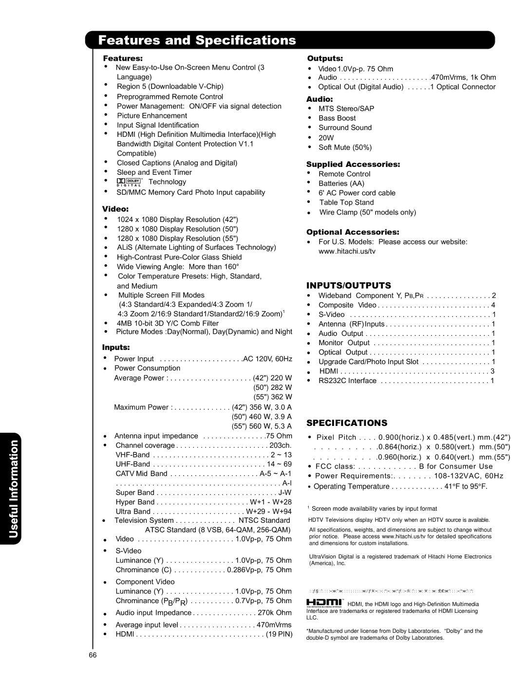 Hitachi P42T501, P42T501A, P50T501, P50T501A, P55T551 important safety instructions Features and Specifications 