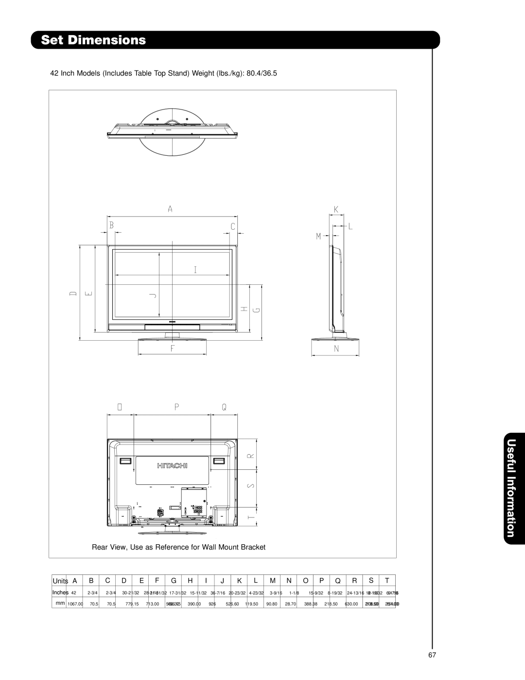 Hitachi P42T501, P55T551, P50T501A Set Dimensions, Rear View, Use as Reference for Wall Mount Bracket 