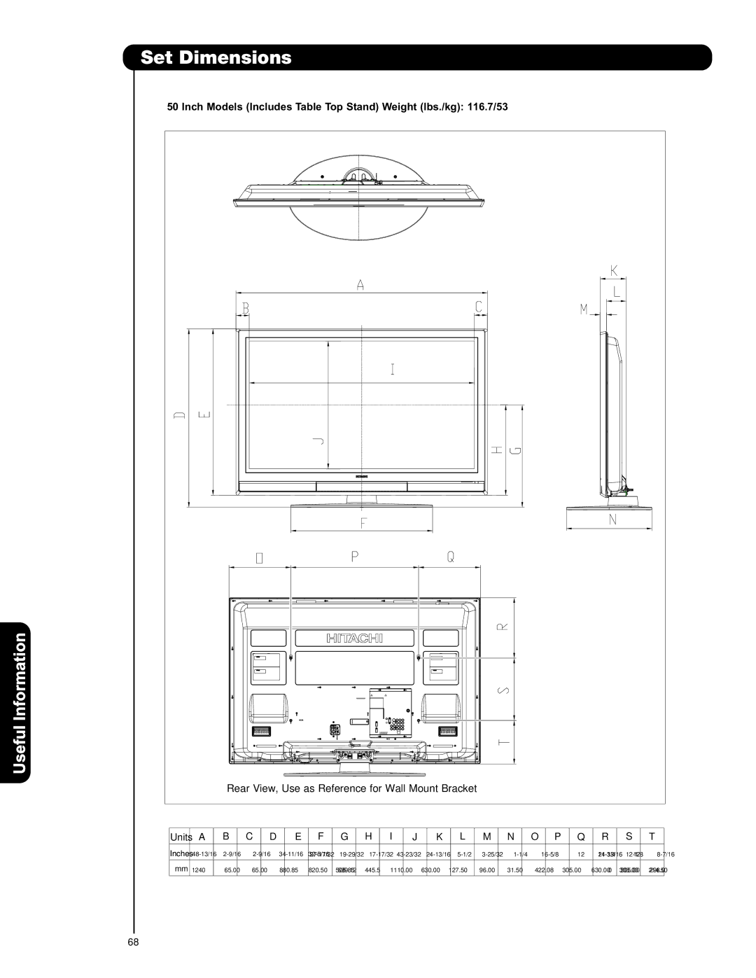 Hitachi P50T501A, P42T501, P55T551 important safety instructions Inch Models Includes Table Top Stand Weight lbs./kg 116.7/53 