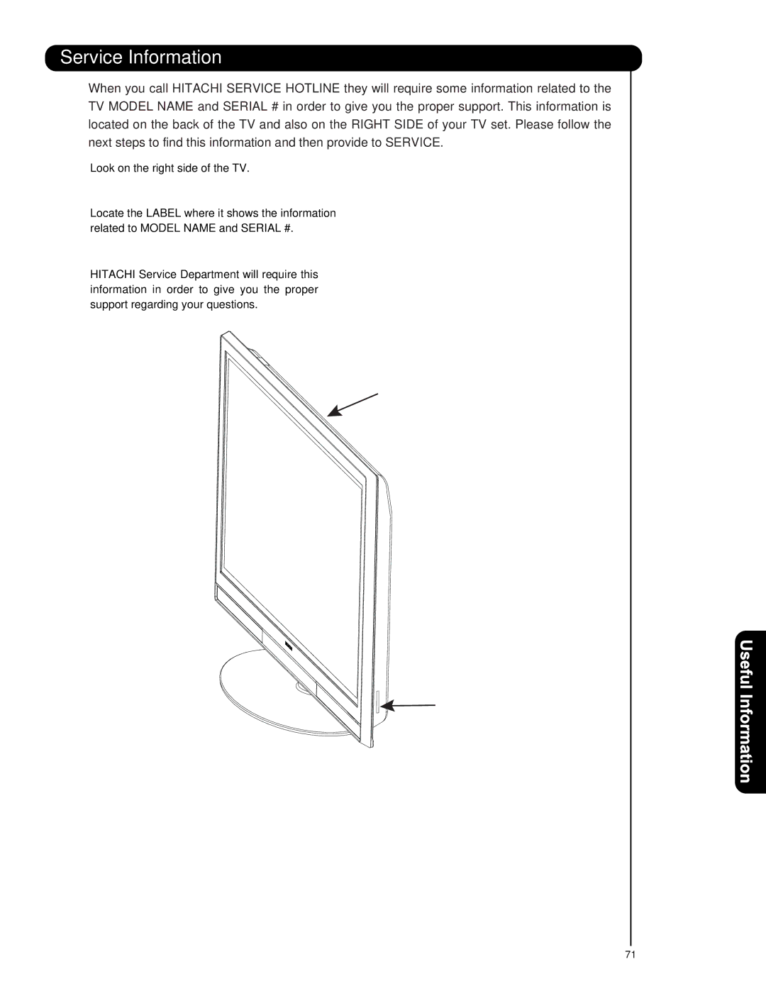 Hitachi P42T501, P42T501A, P50T501, P50T501A, P55T551 important safety instructions Service Information 