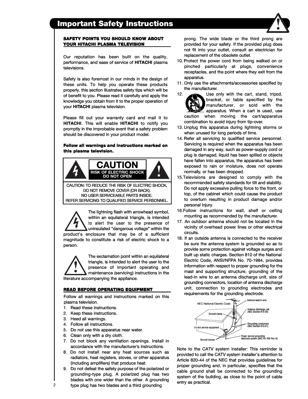 Hitachi P50T501, P42T501 Important Safety Instructions, Safety Points You Should Know About Your Hitachi Plasma Television 
