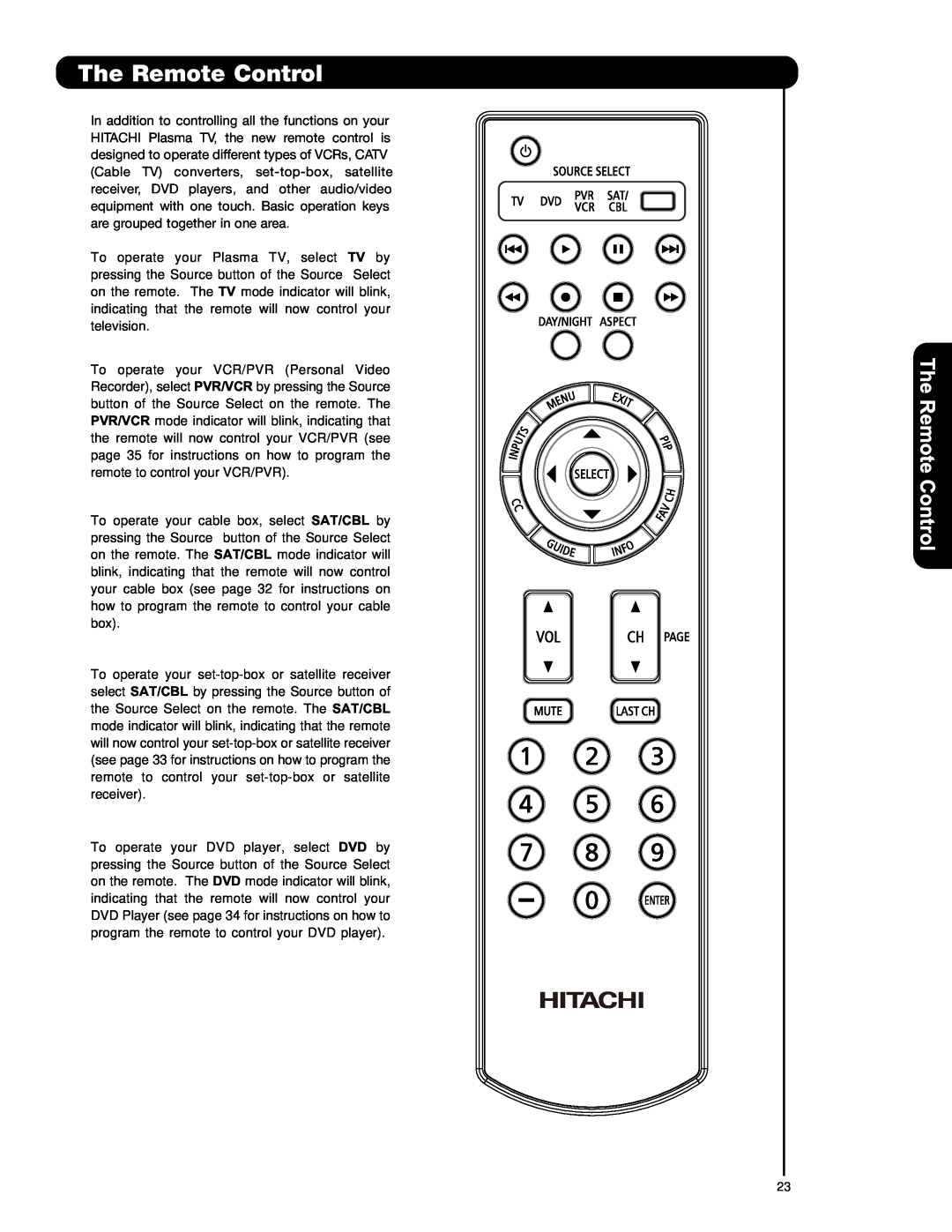 Hitachi P42T501, P42T501A, P50T501, P50T501A, P55T551 important safety instructions The Remote Control 