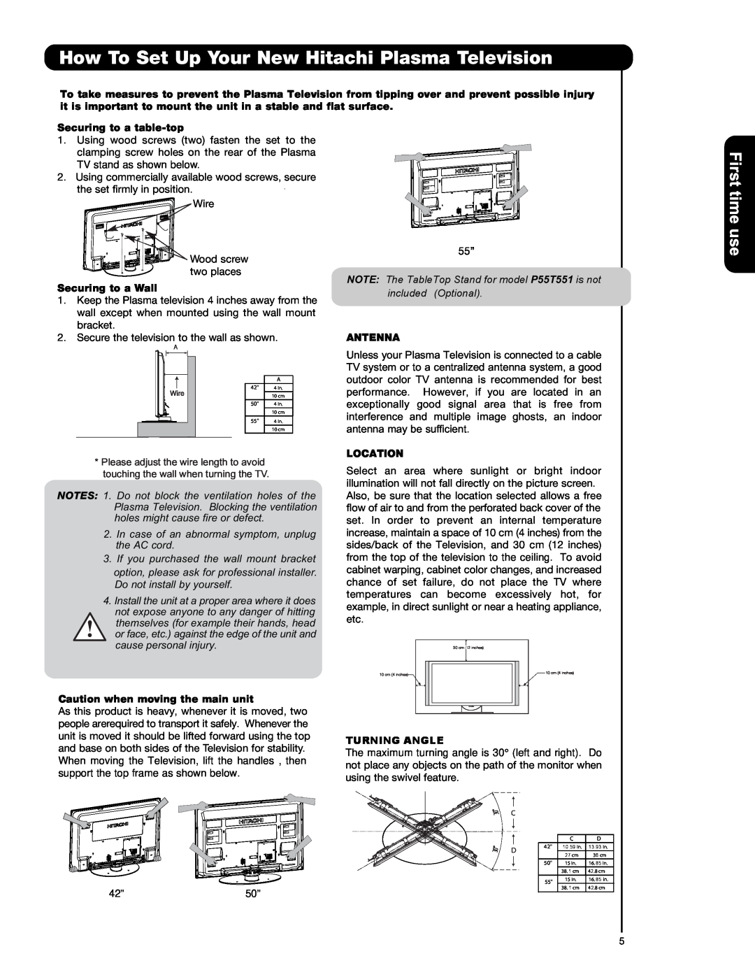 Hitachi P42T501 How To Set Up Your New Hitachi Plasma Television, First time use, Securing to a table-top, Antenna 