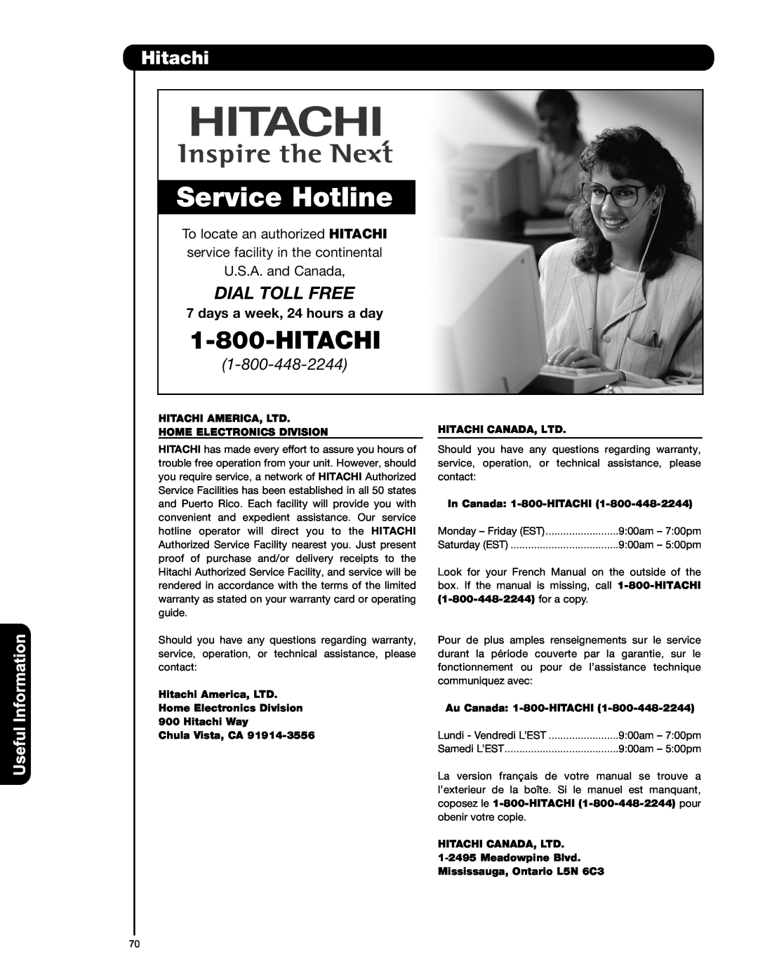 Hitachi P42T501 Useful, days a week, 24 hours a day, Service Hotline, Dial Toll Free, Information, Hitachi Way 