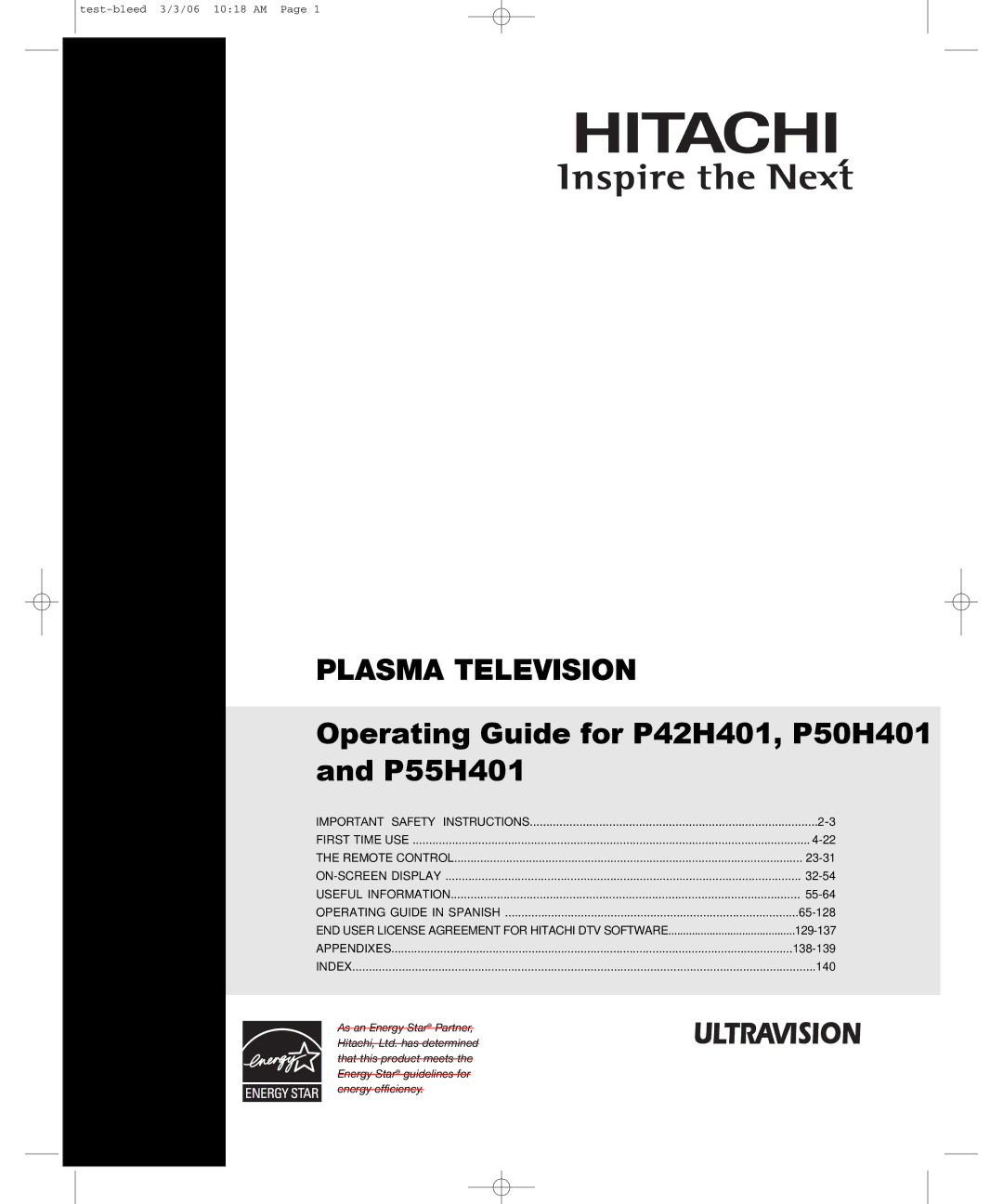 Hitachi P50H401, P55H401 important safety instructions Plasma Television 