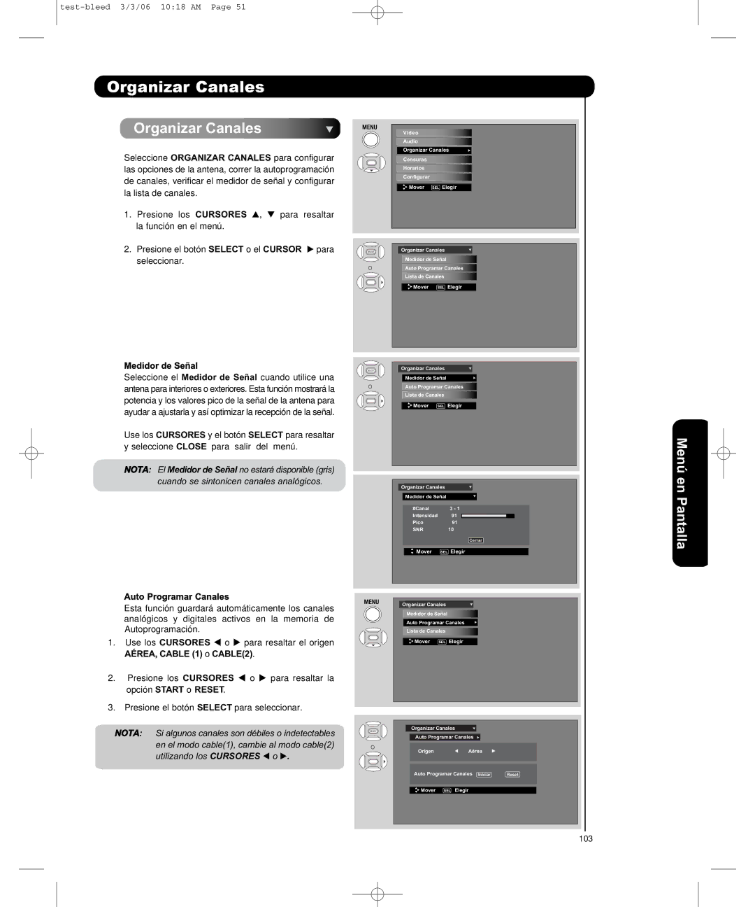 Hitachi P50H401, P55H401 Organizar Canales, Medidor de Señal, Auto Programar Canales, AÉREA, Cable 1 o CABLE2 