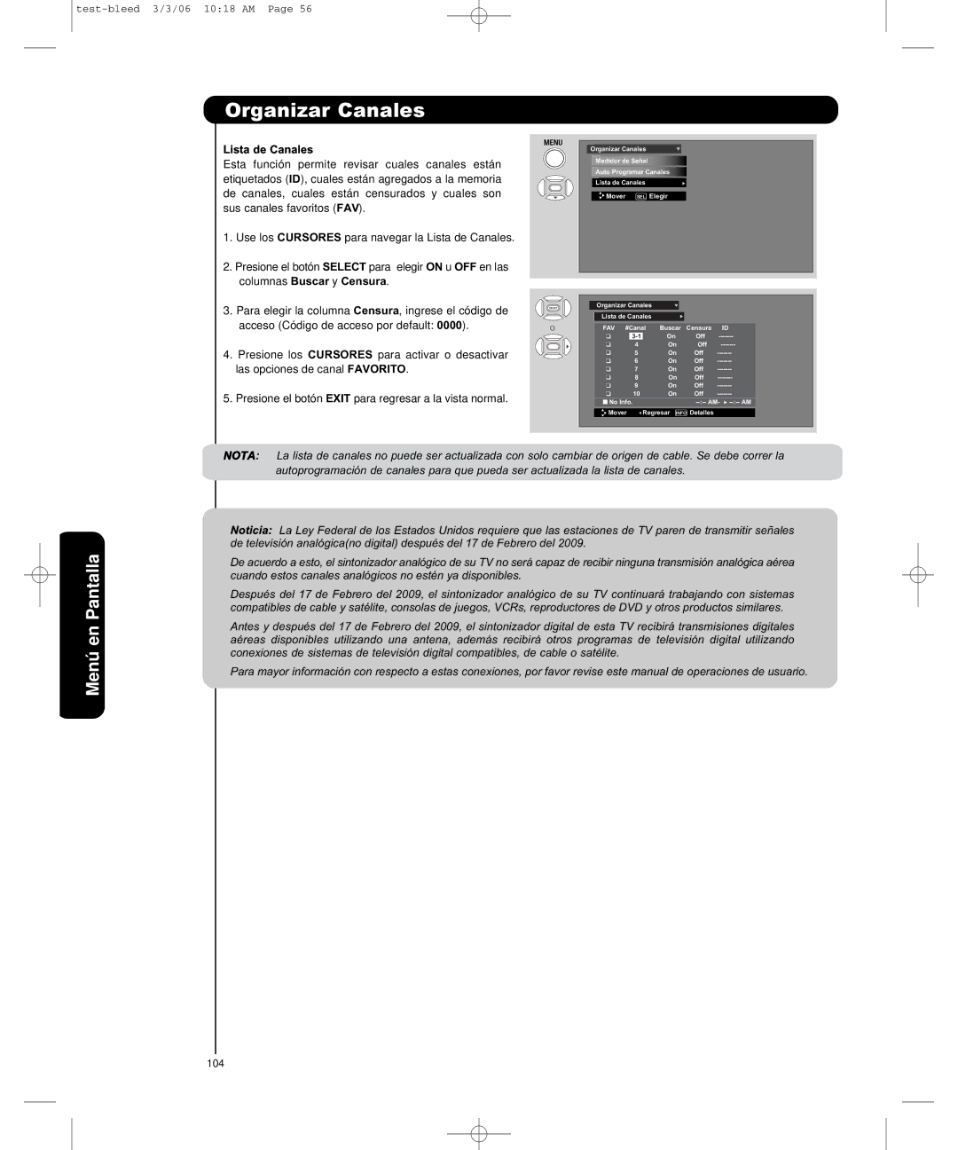 Hitachi P50H401, P55H401 important safety instructions Menú en Pantalla, Lista de Canales 