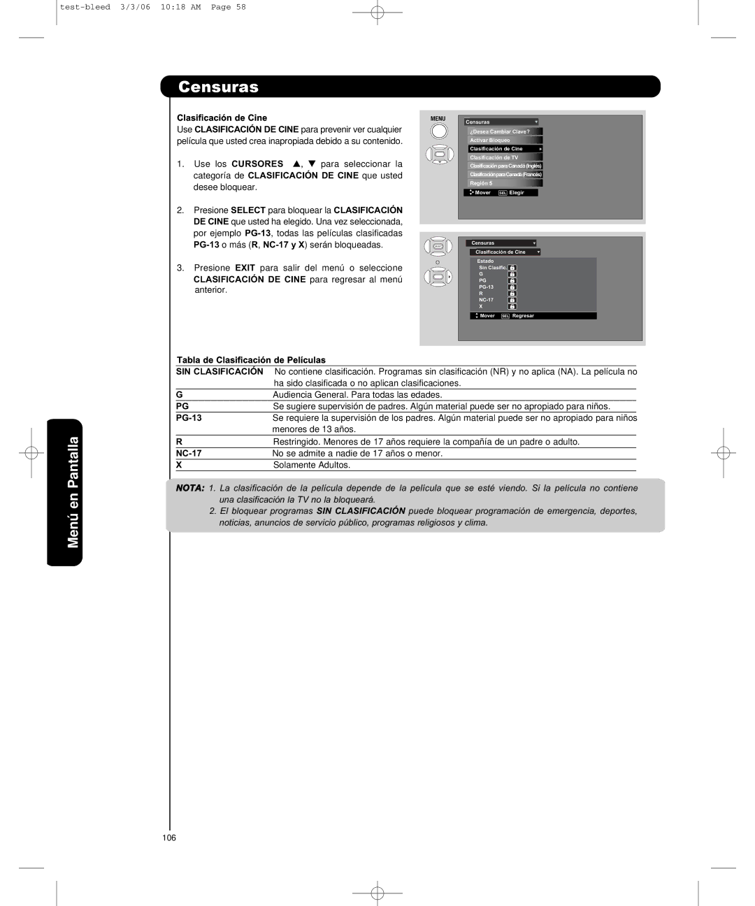 Hitachi P50H401, P55H401 Clasificación de Cine, Tabla de Clasificación de Películas, PG-13, NC-17 