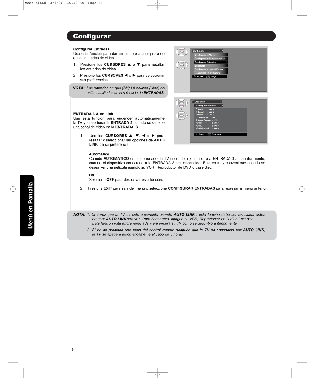 Hitachi P50H401, P55H401 important safety instructions Configurar Entradas, Entrada 3 Auto Link, Automático 