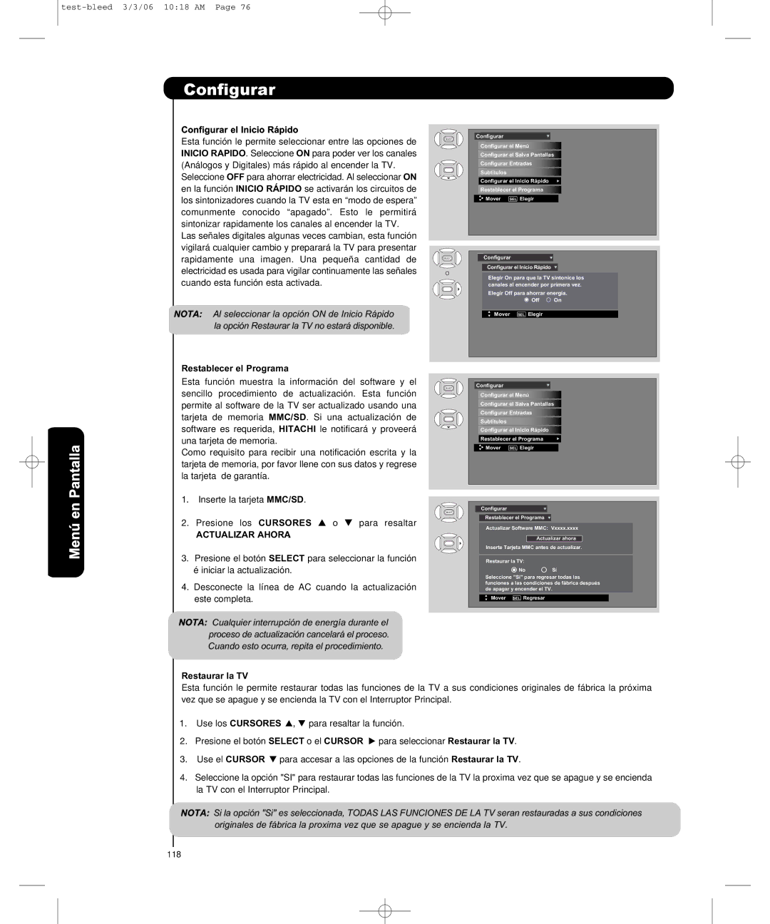 Hitachi P50H401, P55H401 Configurar el Inicio Rápido, Restablecer el Programa, Actualizar Ahora, Restaurar la TV 