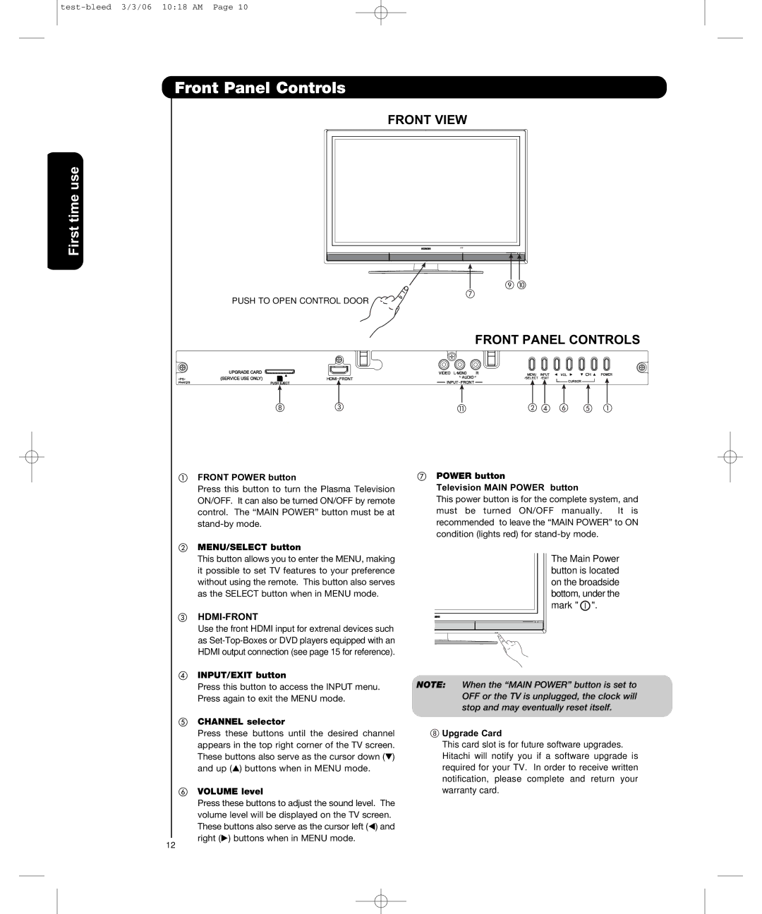 Hitachi P50H401, P55H401 important safety instructions Front Panel Controls 