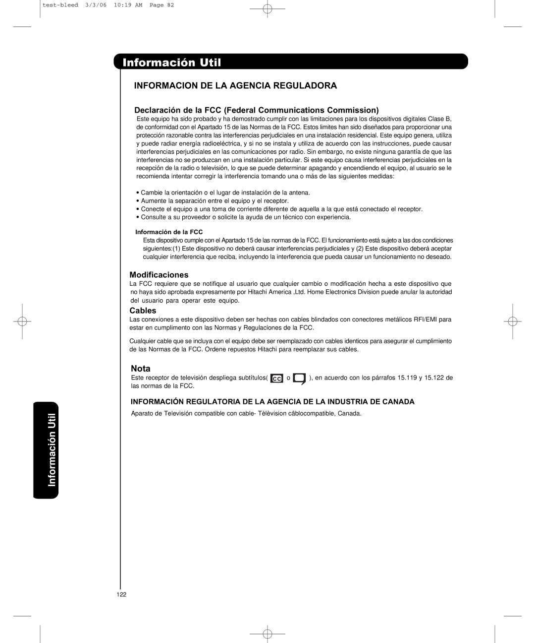 Hitachi P50H401, P55H401 important safety instructions Información Util, Información de la FCC 