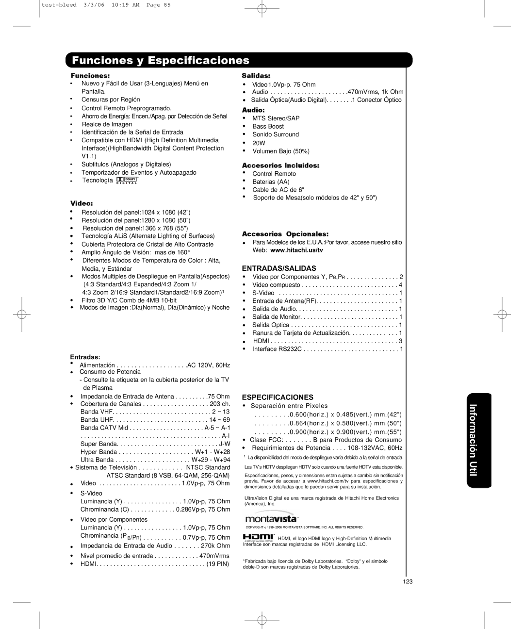 Hitachi P50H401, P55H401 important safety instructions Funciones y Especificaciones 