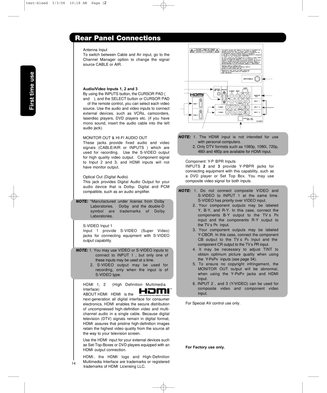 Hitachi P50H401, P55H401 important safety instructions Rear Panel Connections, Monitor OUT & HI-FI Audio OUT 