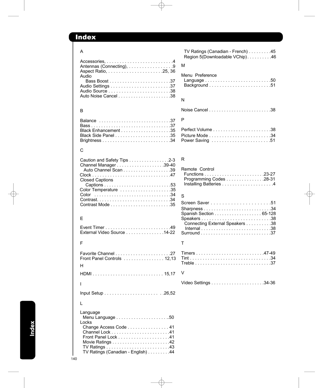 Hitachi P50H401, P55H401 important safety instructions Index 