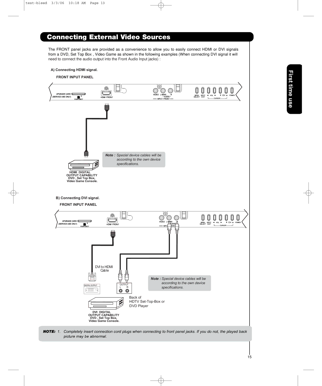 Hitachi P50H401, P55H401 important safety instructions Connecting External Video Sources, Front Input Panel 