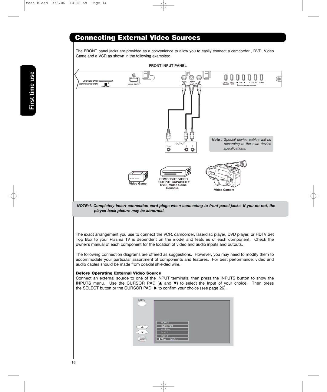 Hitachi P50H401, P55H401 important safety instructions Before Operating External Video Source 