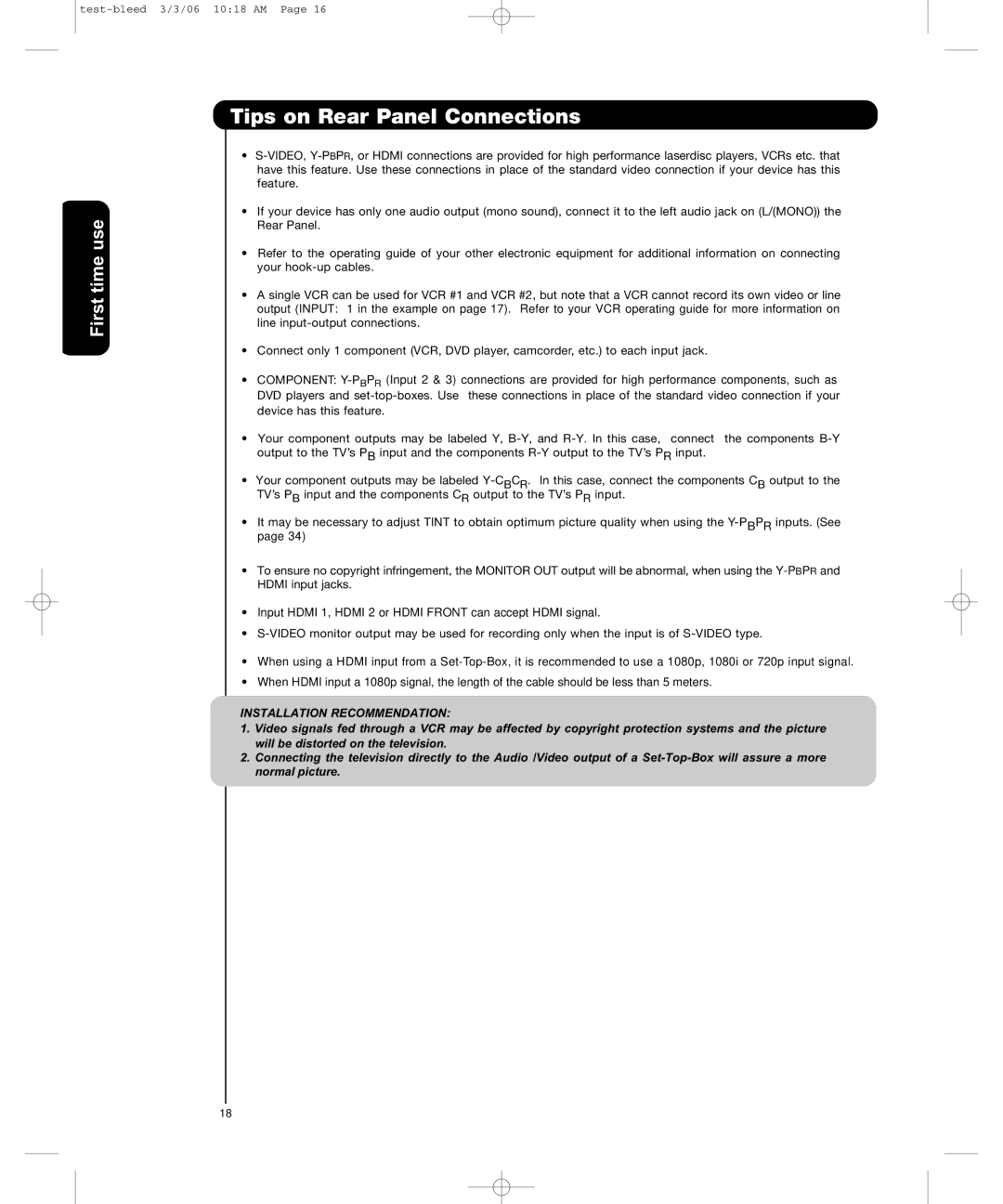 Hitachi P50H401, P55H401 important safety instructions Tips on Rear Panel Connections, Installation Recommendation 