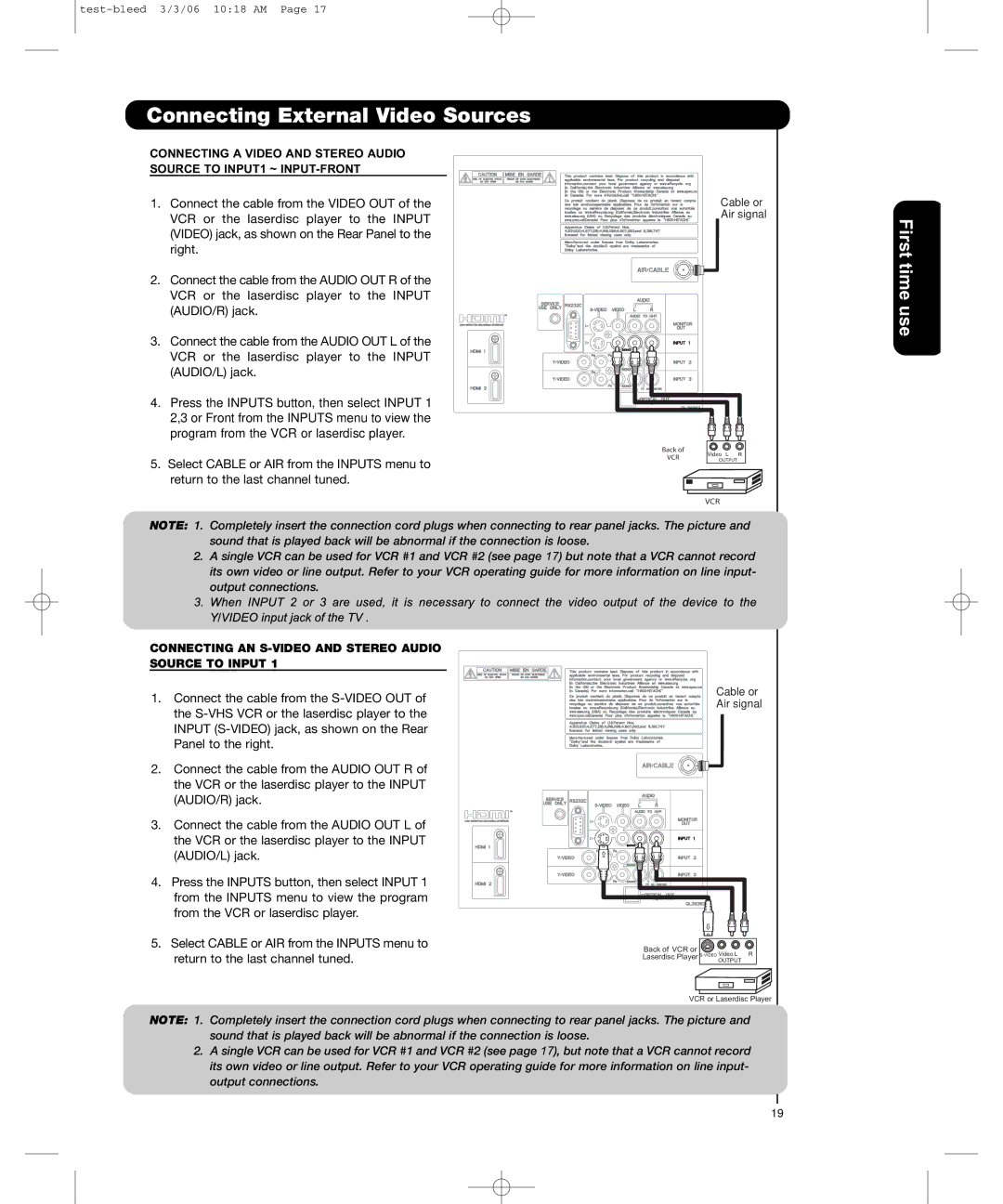 Hitachi P50H401, P55H401 Connecting External Video Sources, Connecting AN S-VIDEO and Stereo Audio Source to Input 