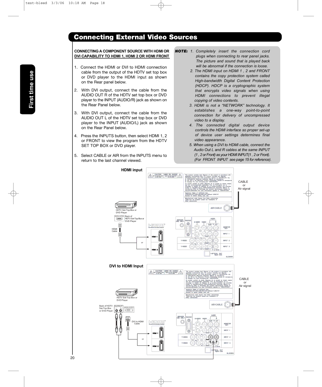 Hitachi P50H401, P55H401 important safety instructions Hdmi input 