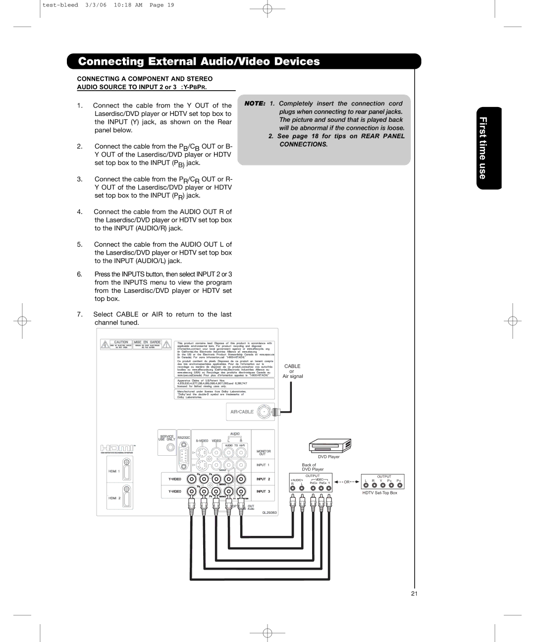 Hitachi P50H401, P55H401 important safety instructions Connecting External Audio/Video Devices 