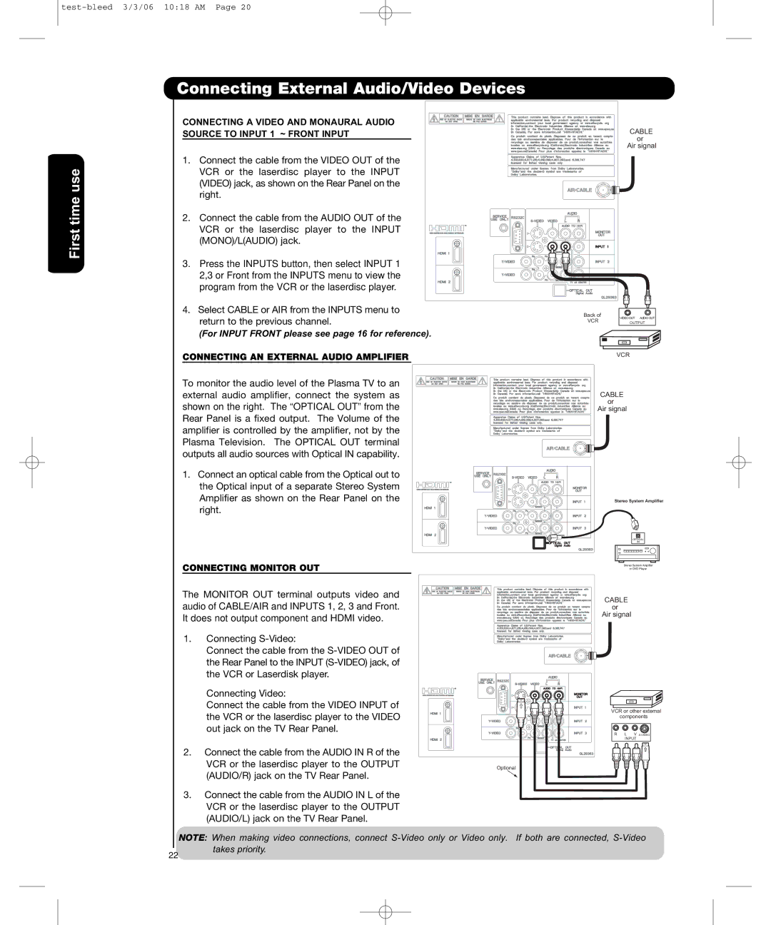 Hitachi P50H401, P55H401 important safety instructions Connecting AN External Audio Amplifier, Connecting Monitor OUT 