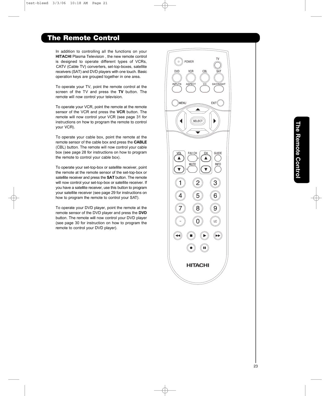 Hitachi P50H401, P55H401 important safety instructions Remote Control 