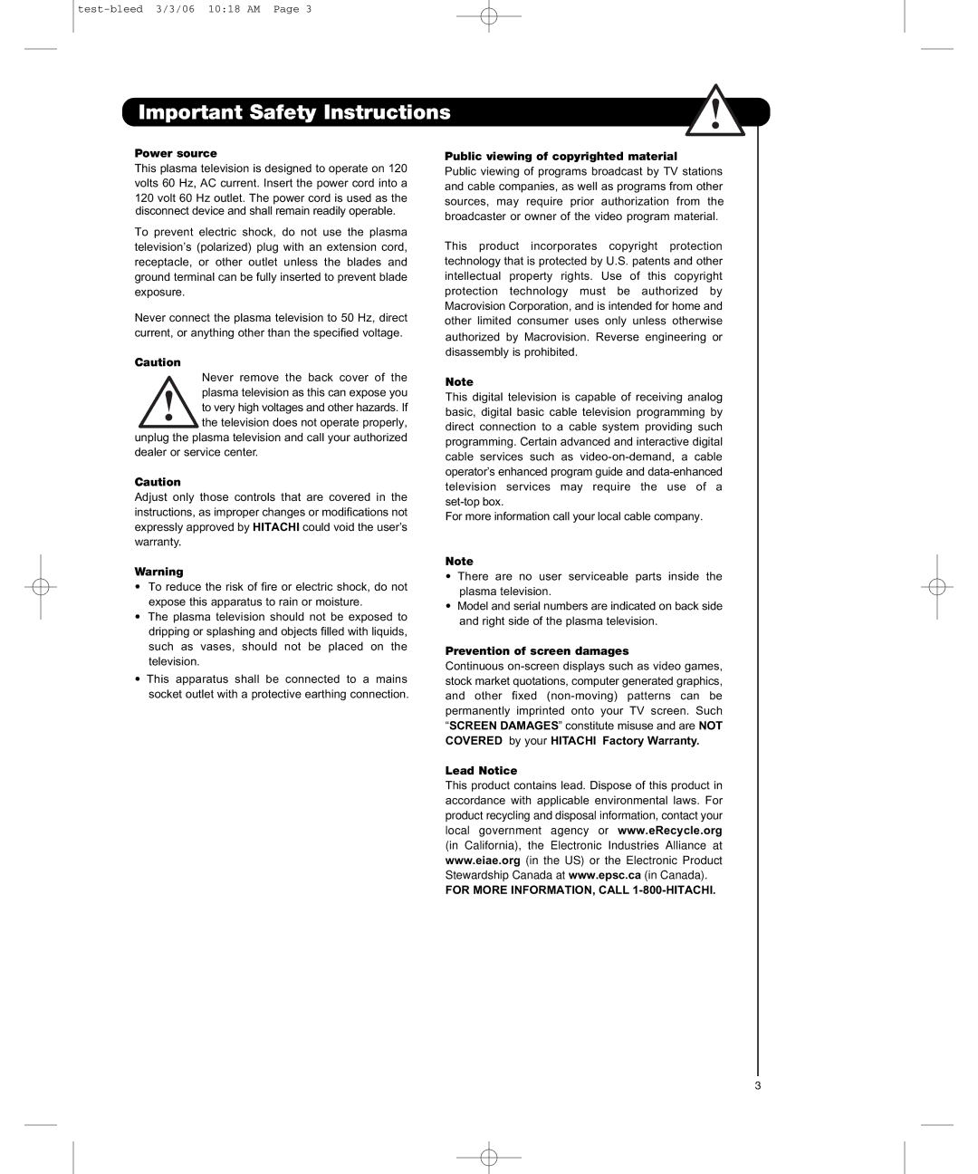 Hitachi P50H401, P55H401 Power source, Public viewing of copyrighted material, Prevention of screen damages 