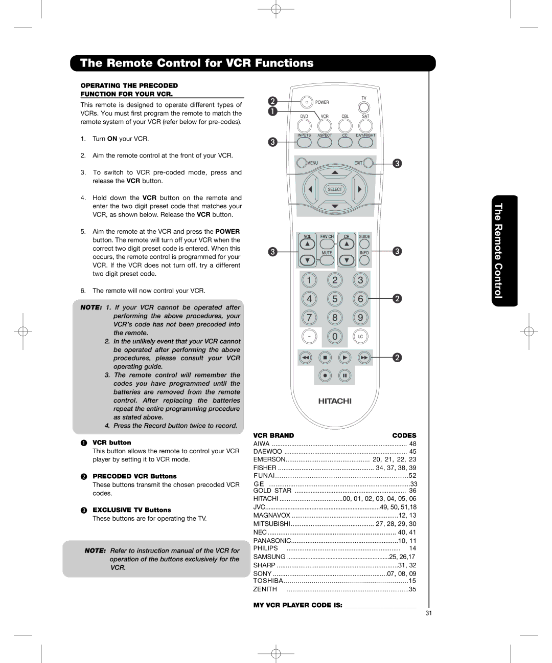 Hitachi P50H401, P55H401 Remote Control for VCR Functions, Operating the Precoded Function for Your VCR, VCR Brand Codes 