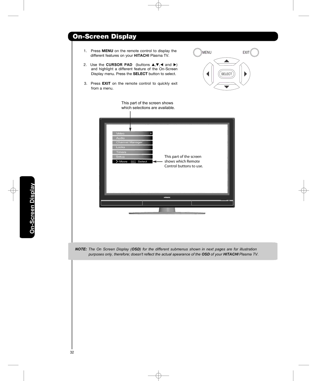 Hitachi P50H401, P55H401 important safety instructions On-Screen Display 