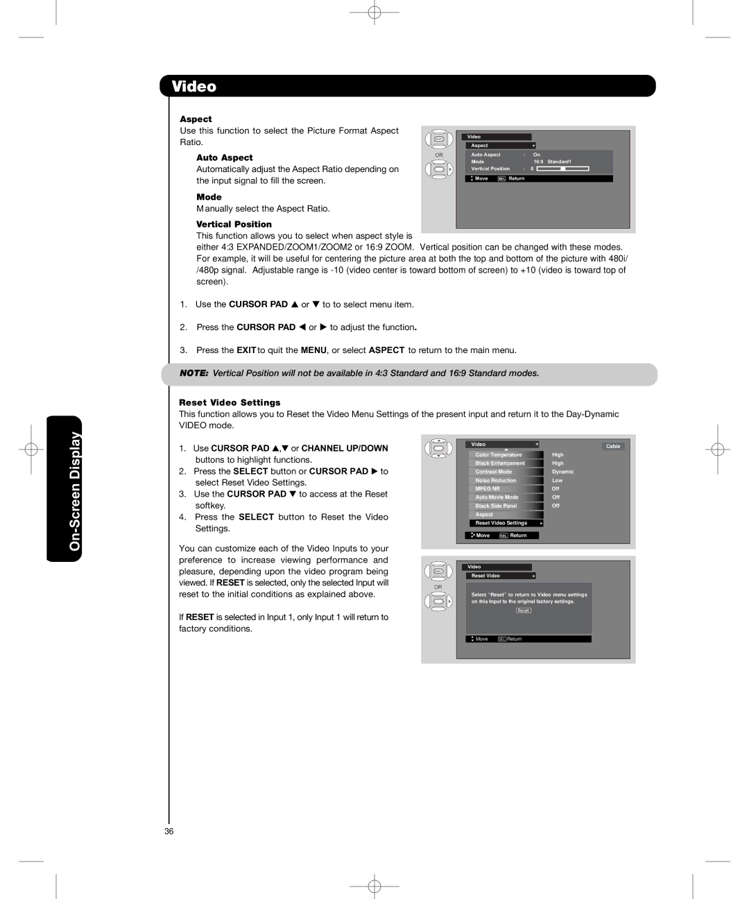 Hitachi P50H401, P55H401 important safety instructions Auto Aspect, Mode, Vertical Position, Reset Video Settings 