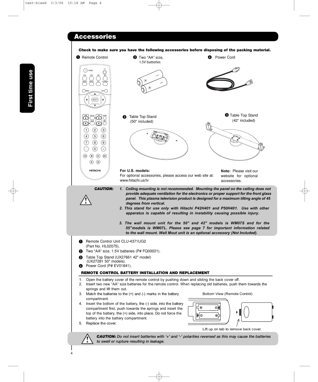 Hitachi P50H401, P55H401 Accessories, First time use, For U.S. models, Remote Control Battery Installation and Replacement 