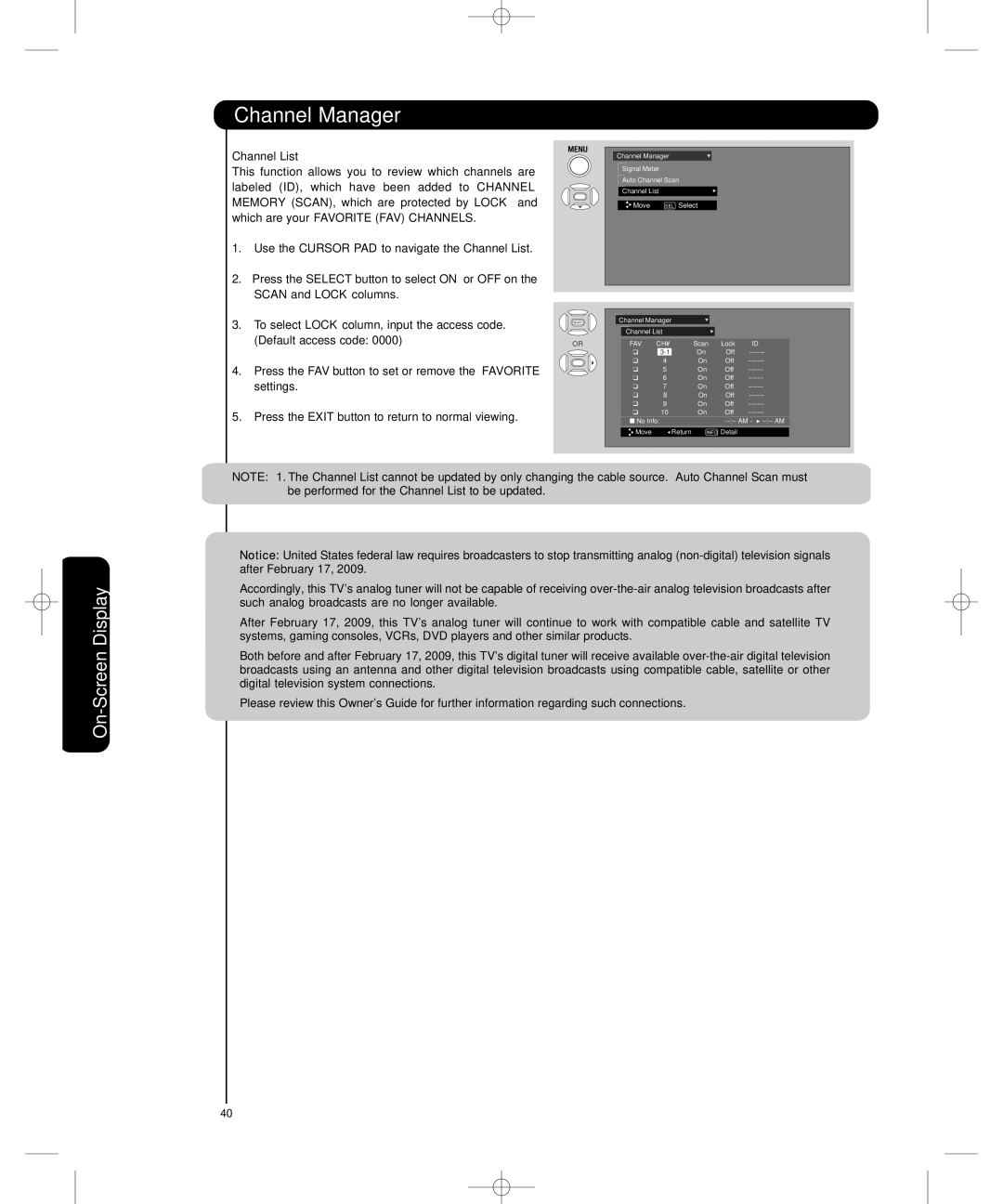 Hitachi P50H401, P55H401 important safety instructions On-Screen Display, Channel List 