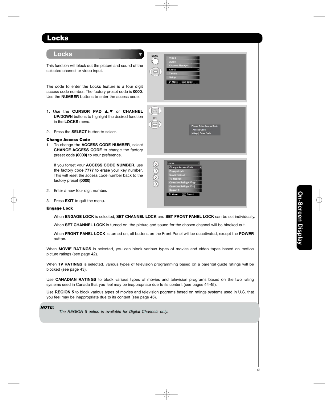 Hitachi P50H401, P55H401 important safety instructions Locks, On-Scn, Ee Display, Change Access Code, Engage Lock 