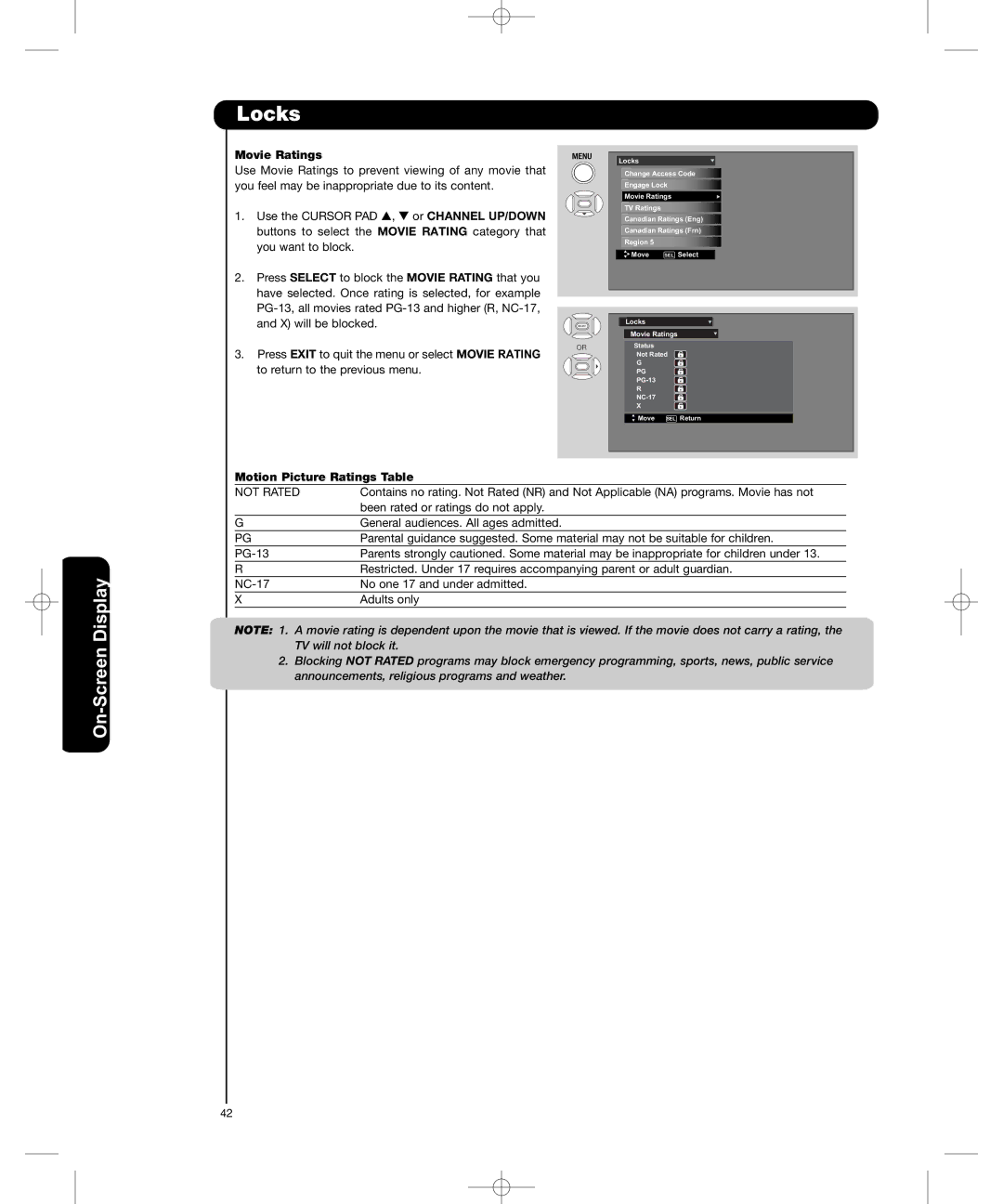 Hitachi P50H401, P55H401 important safety instructions Movie Ratings, Motion Picture Ratings Table 