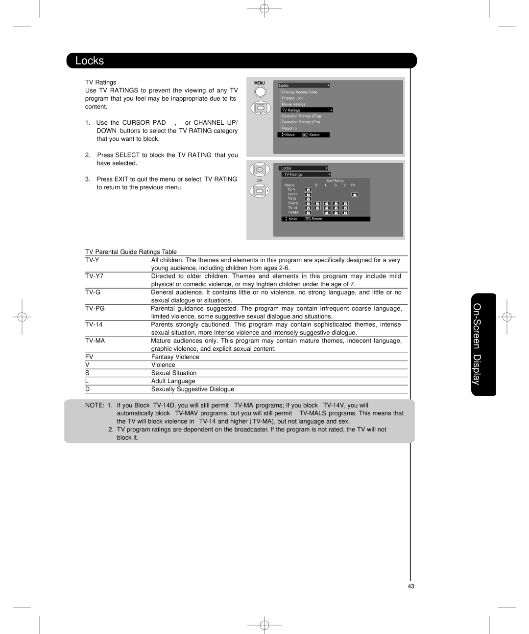 Hitachi P50H401, P55H401 important safety instructions On-Scree Display, TV Ratings, TV Parental Guide Ratings Table 