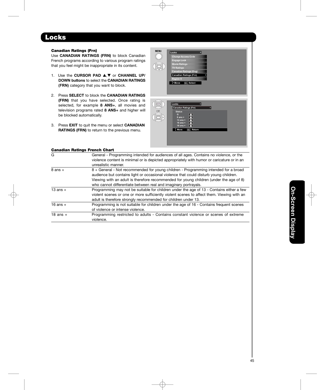 Hitachi P50H401, P55H401 important safety instructions On- nSc ee Display, Canadian Ratings French Chart 