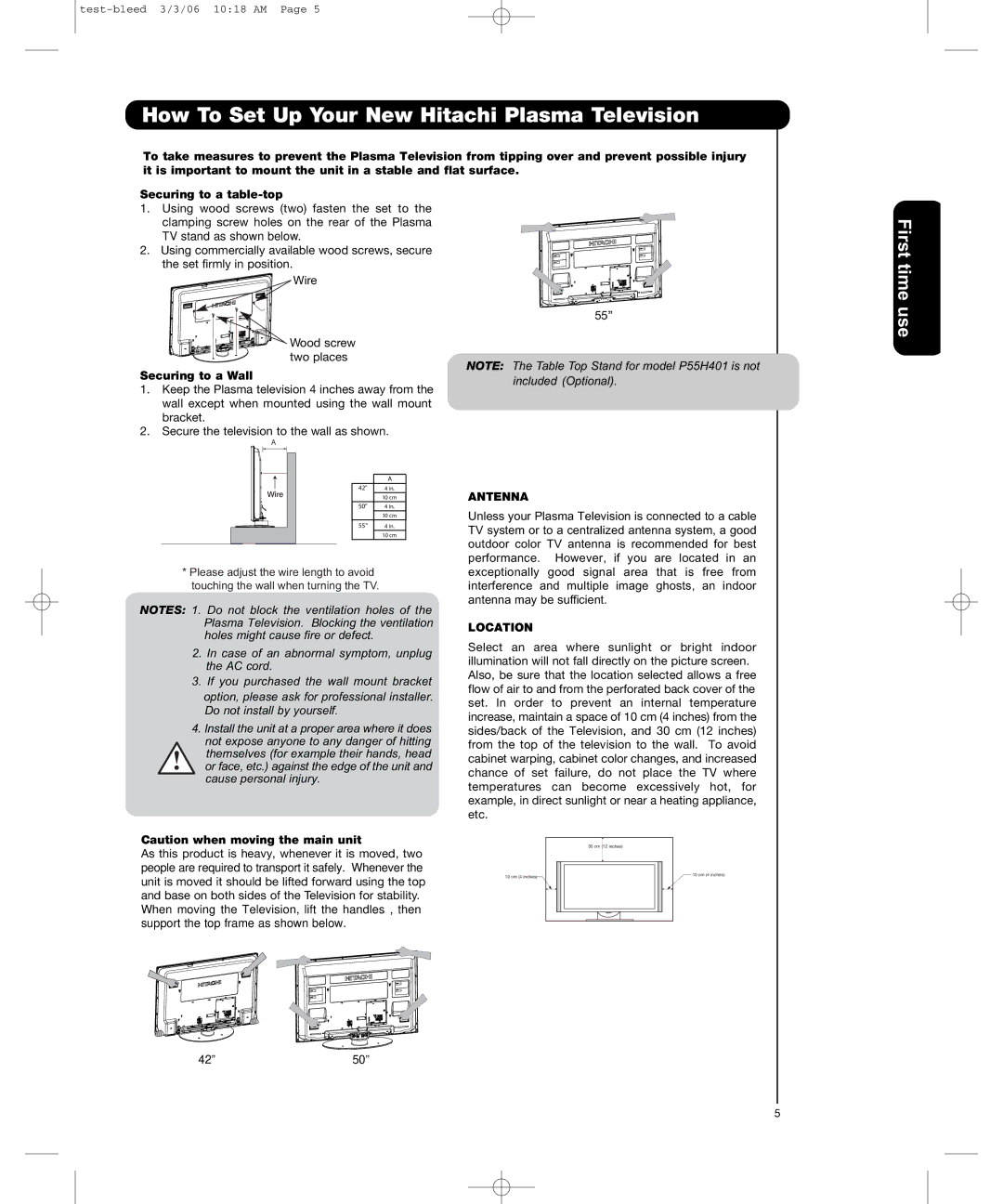 Hitachi P50H401, P55H401 How To Set Up Your New Hitachi Plasma Television, Securing to a Wall, Antenna, Location 