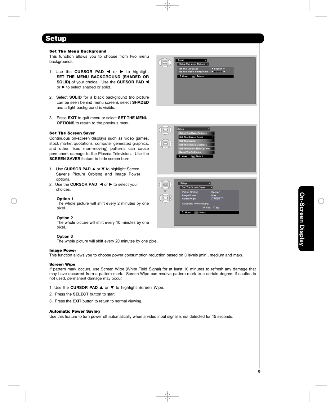 Hitachi P50H401, P55H401 Set The Menu Background, Set The Screen Saver, Use Cursor PAD or, Option, Image Power 