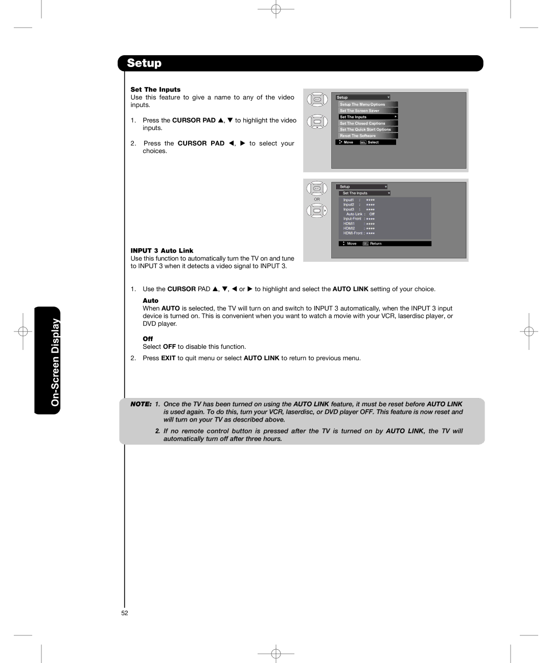 Hitachi P50H401, P55H401 important safety instructions Set The Inputs, Input 3 Auto Link, Off 