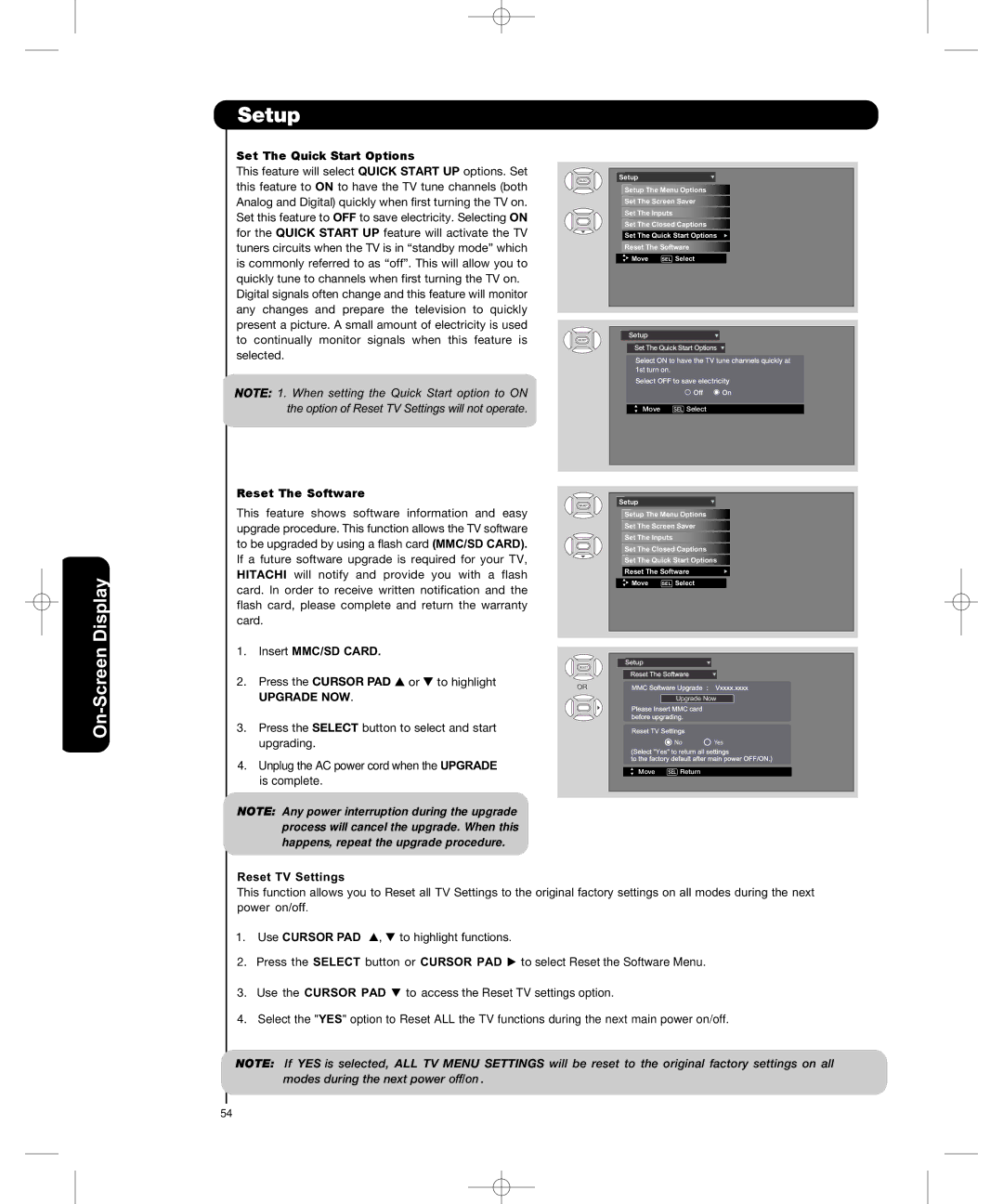 Hitachi P50H401, P55H401 Set The Quick Start Options, Reset The Software, Insert MMC/SD Card, Upgrade NOW 