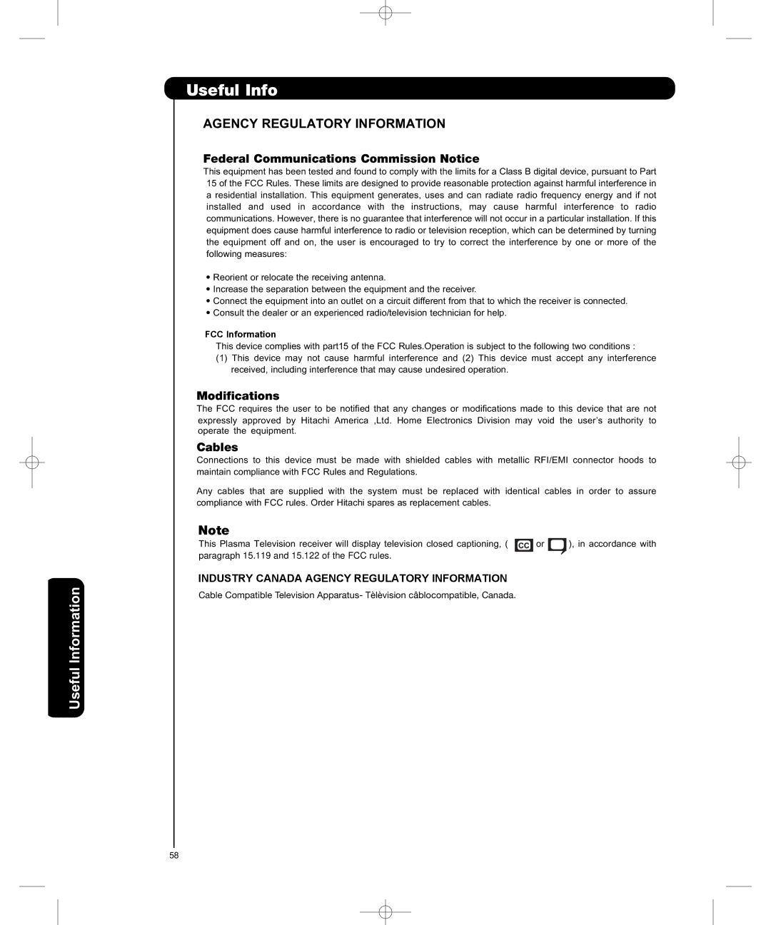 Hitachi P50H401, P55H401 important safety instructions Useful Info, FCC Information 