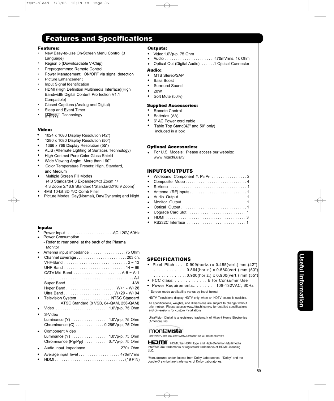 Hitachi P50H401, P55H401 important safety instructions Features and Specifications 