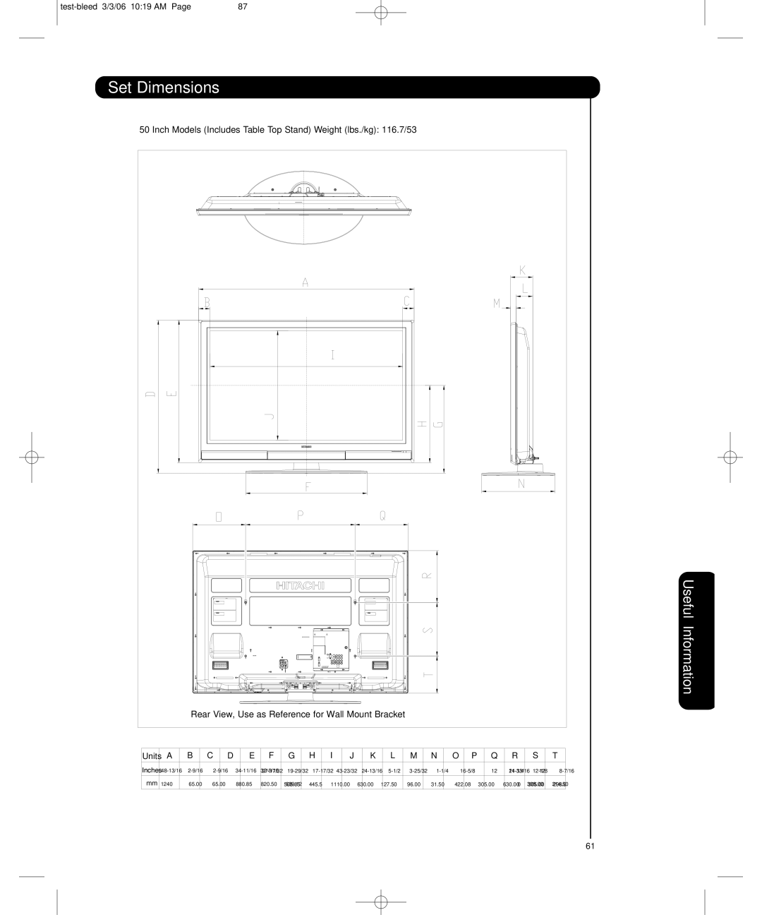 Hitachi P50H401, P55H401 important safety instructions Inch Models Includes Table Top Stand Weight lbs./kg 116.7/53 