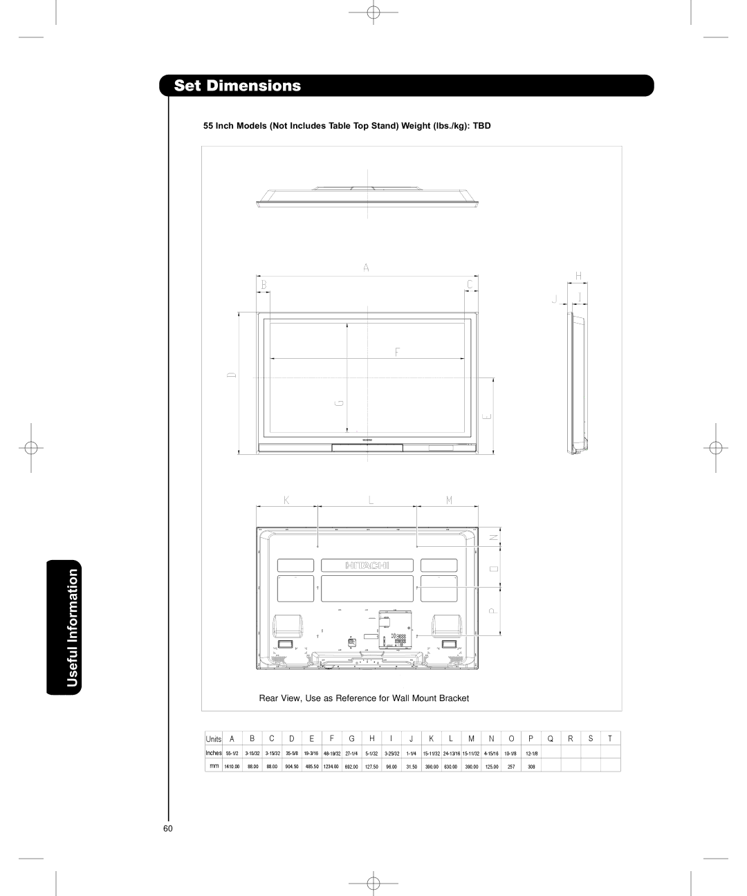 Hitachi P50H401, P55H401 important safety instructions Inch Models Not Includes Table Top Stand Weight lbs./kg TBD 