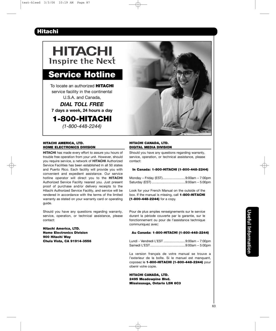 Hitachi P50H401, P55H401 Hitachi, Usefu, Information, Home Electronics Division, Digital Media Division 