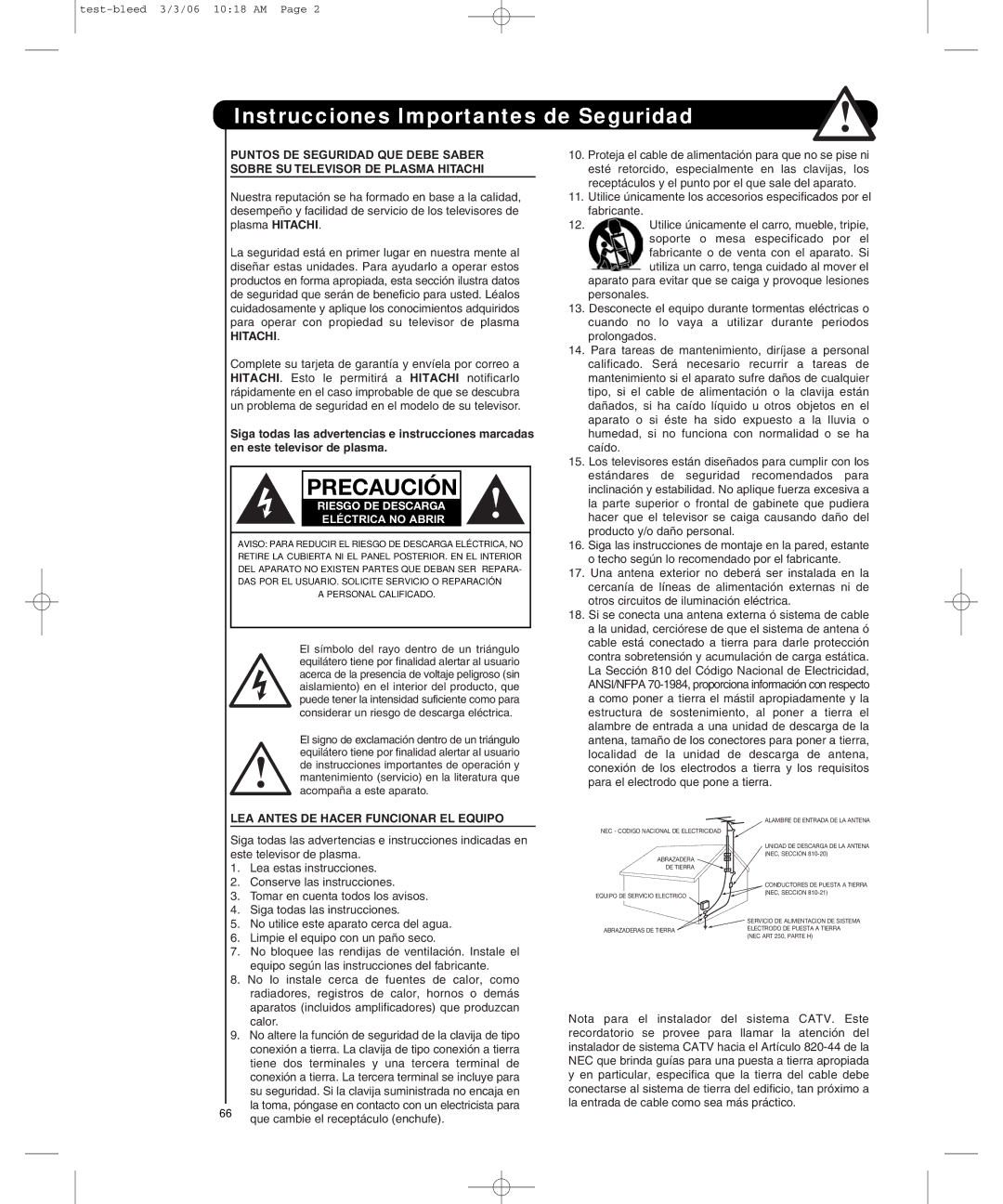 Hitachi P50H401, P55H401 important safety instructions Precaución 