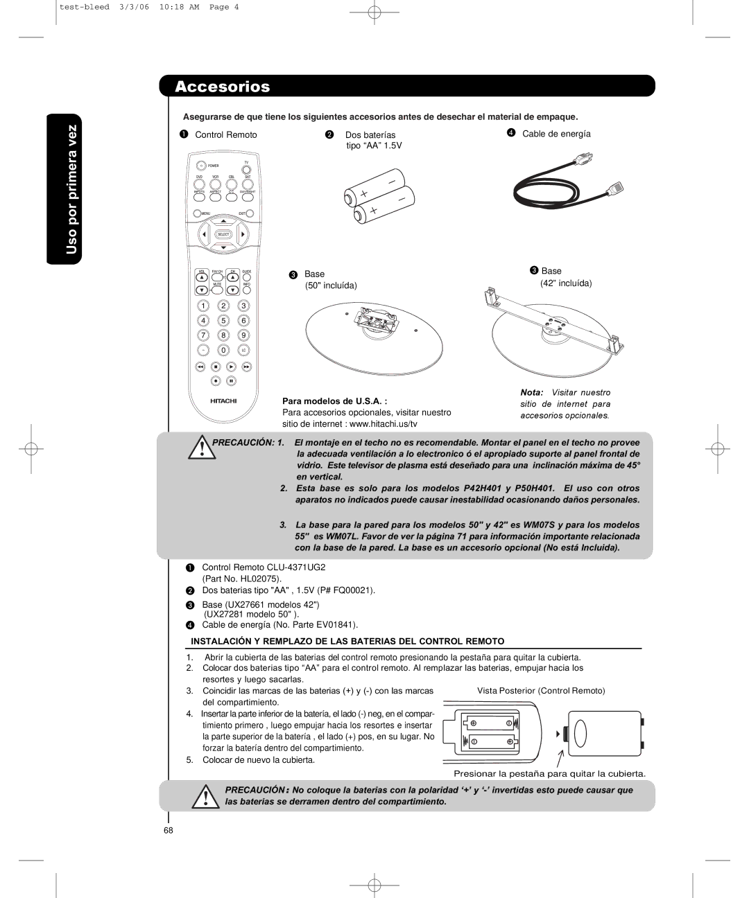 Hitachi P50H401, P55H401 important safety instructions Accesorios, Uso por primera vez, Para modelos de U.S.A 